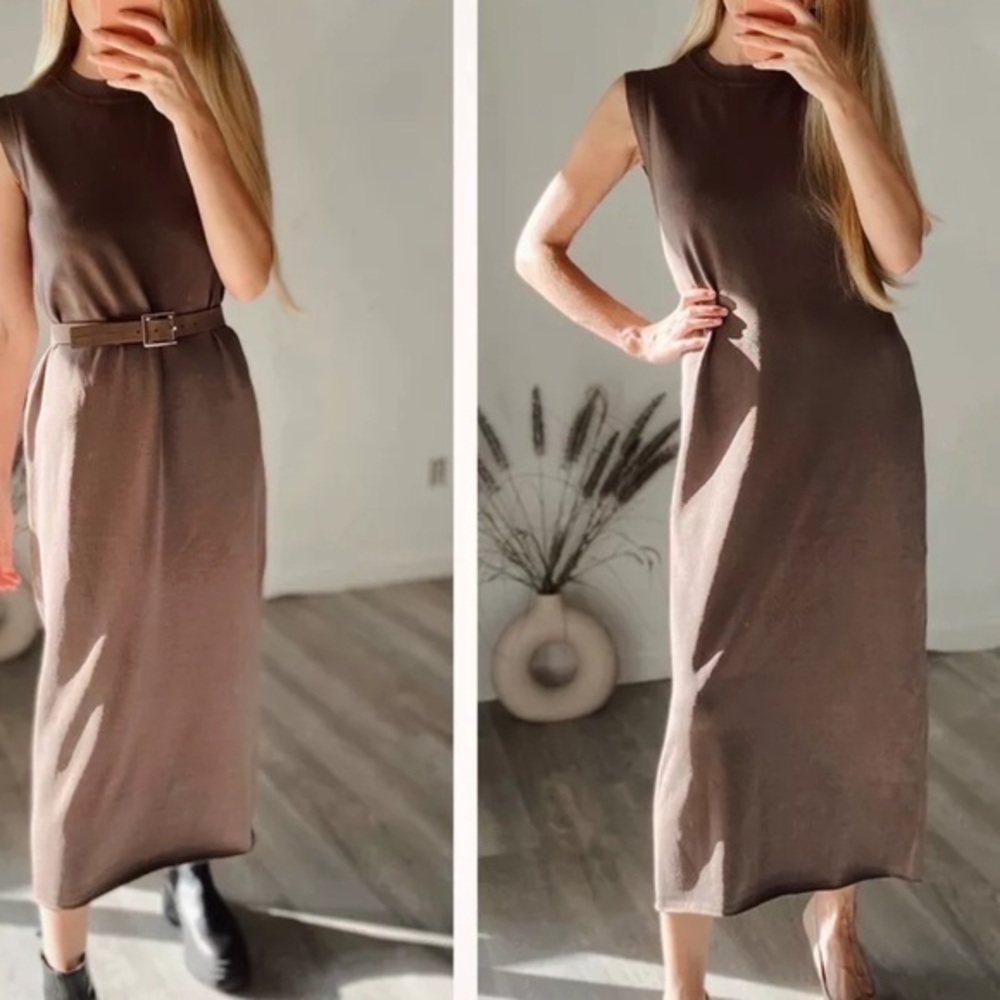 Zara Brown Sleeveless Midi Knit Dress